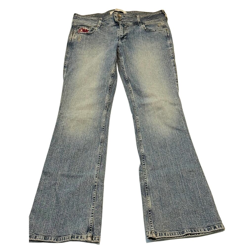 Y2K Low Rise Bootcut Jeans Women 11 Light Wash Embroidered Vintage Denim